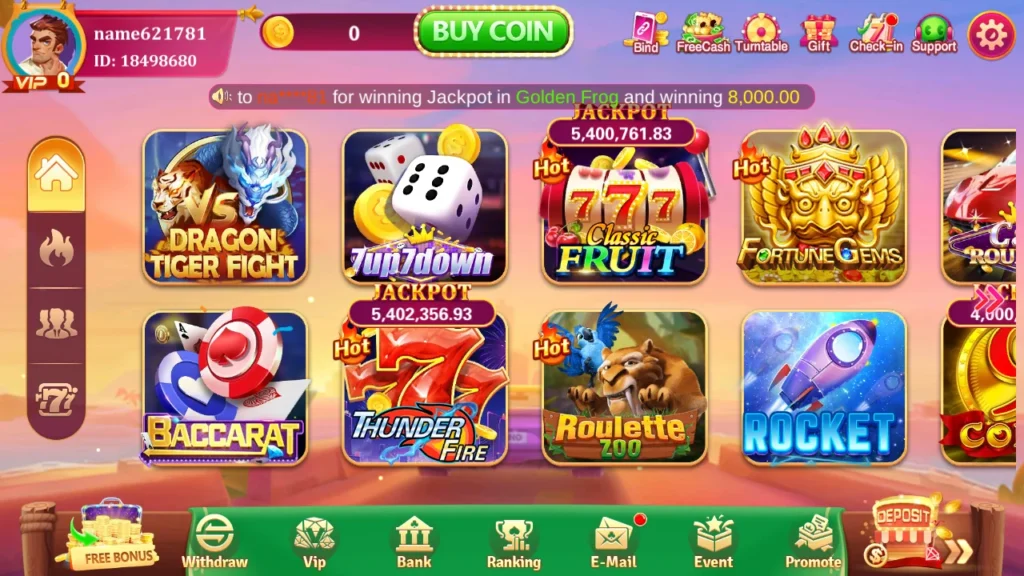 Alano DT5 Game home screen featuring Baccarat, Dragon Tiger Fight, Up7Down, and 777 Classic Fruit