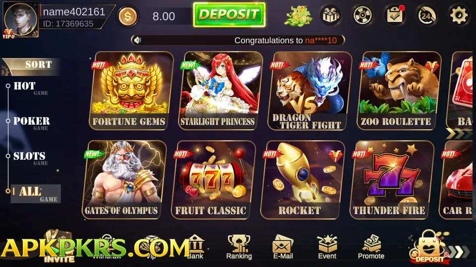 HT777 game lobby screen