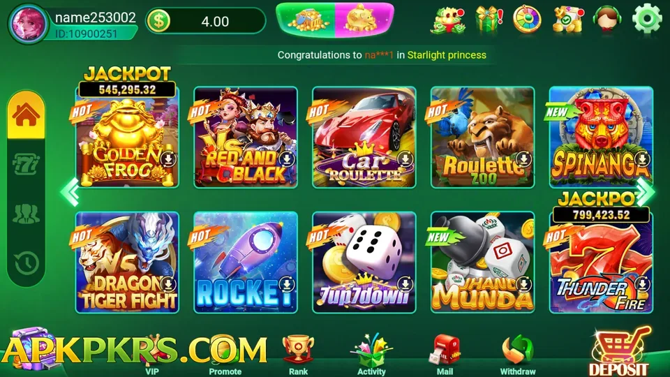 ZV777 game lobby screen