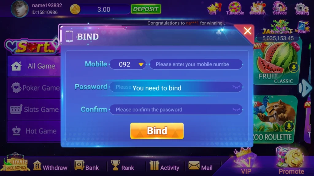 7F777 Game registration and mobile account login interface