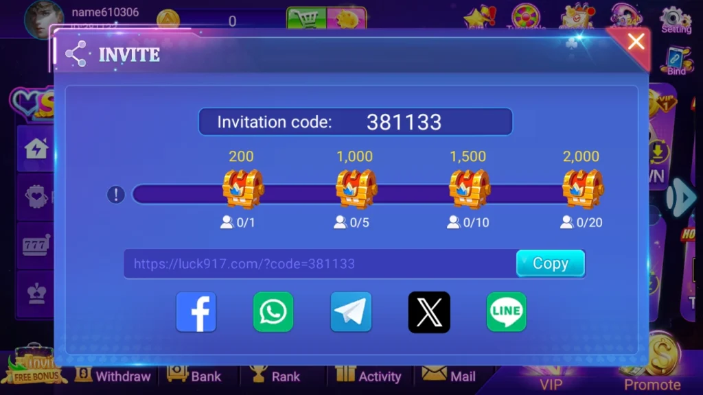 Luck91 Game Download Pakistan invitation feature and activity rewards interface