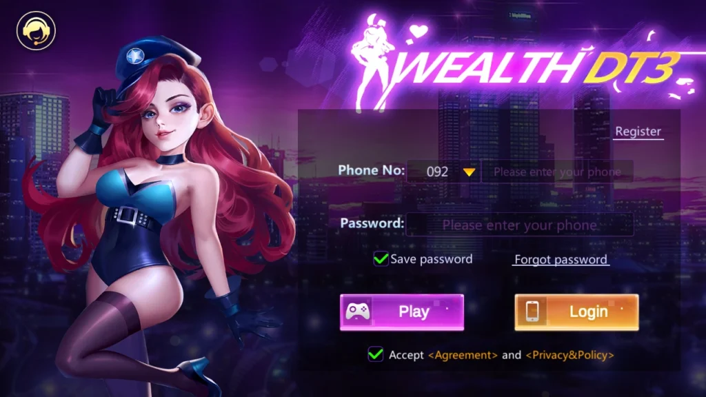 Wealth DT3 Game Download Pakistan APK login screen and card game mobile app interface