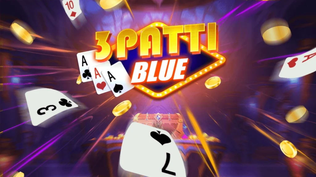 3 Patti Blue Game banner featuring playing cards and gold coins