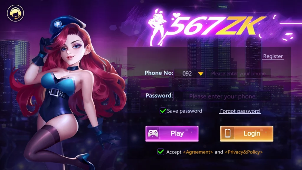 567ZK Game login and registration screen for Android users in Pakistan