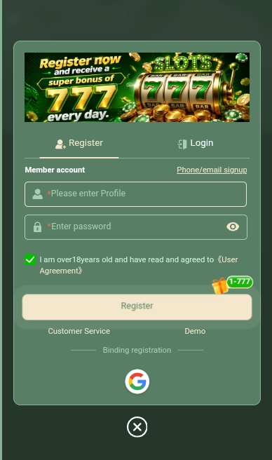 777Stake Game registration screen with account signup form