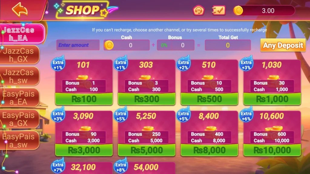777xk Game deposit page showing recharge options and bonus rewards