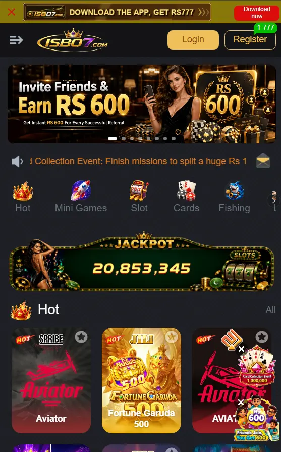 ISB07 Game app home lobby showing game categories, jackpot and promotional banner
