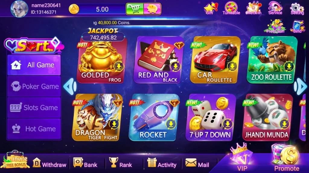 JOY GAME APK main screen with Teen Patti, slots, Dragon Tiger, and roulette games