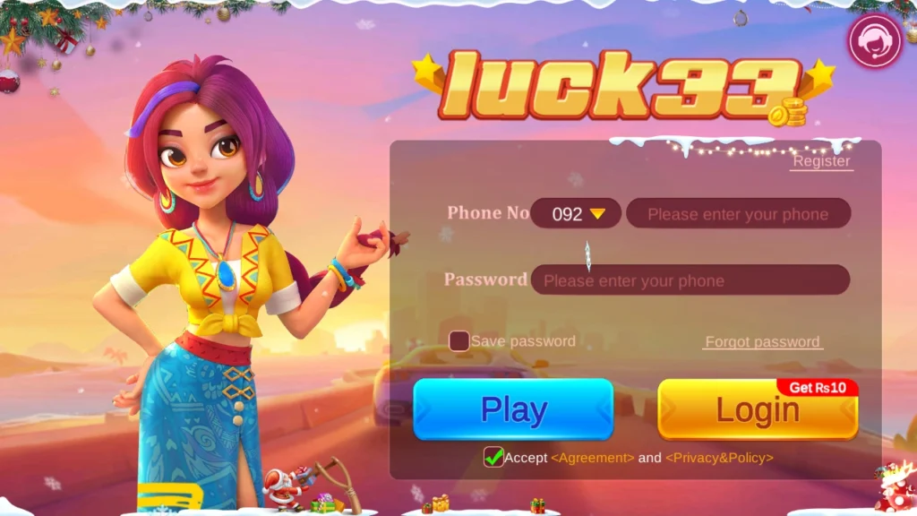 Luck33 Game login screen with mobile number, password fields, and Play and Login buttons