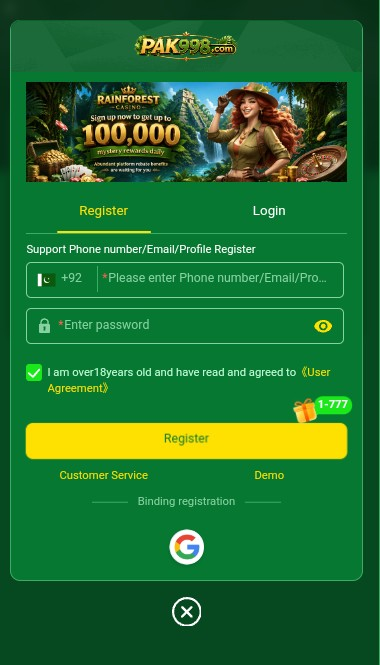 PAK998 Game registration page with mobile number sign up