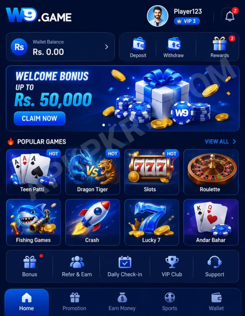 W9 Game app lobby showing wallet, welcome bonus and popular game categories