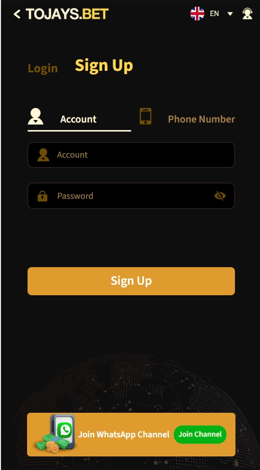 2JBet Game registration screen with account sign up form