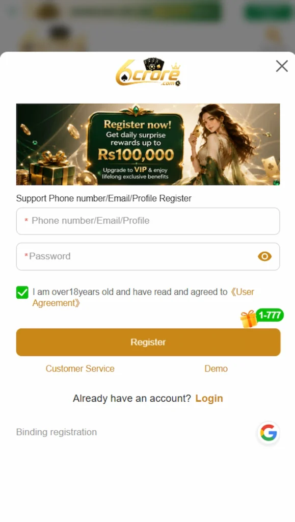 6 Crore Game registration screen with account signup form and welcome bonus offer