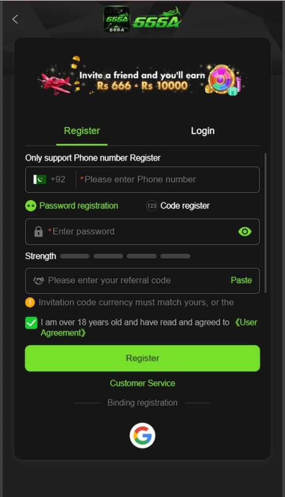 666A Game registration screen with Pakistan phone number and referral code