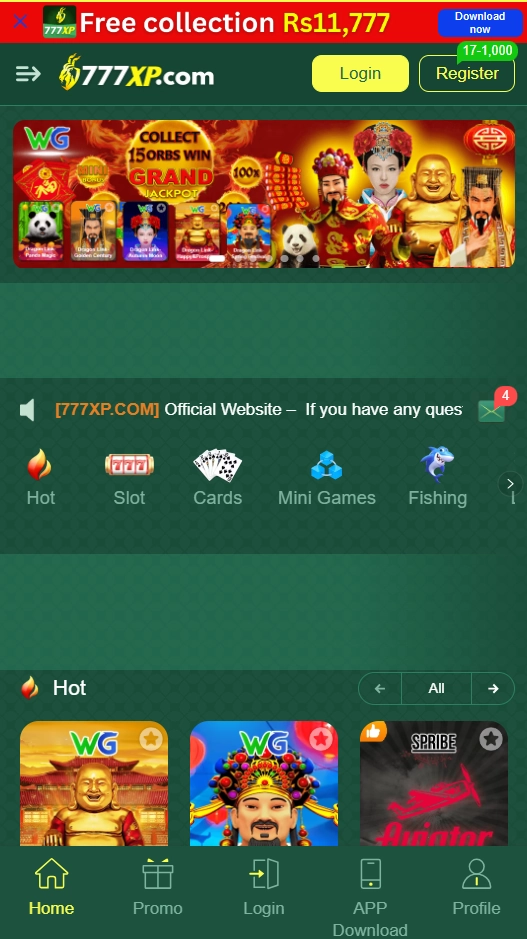 777XP Game homepage showing Hot, Slot, Cards, Mini Games, and Fishing categories with login and registration options