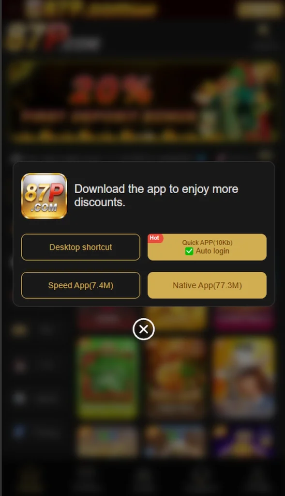 87P Game APK download options displayed in the app
