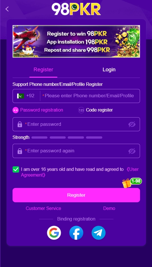 98PKR Game registration page showing mobile number, password, Google, Facebook, and Telegram sign-up options