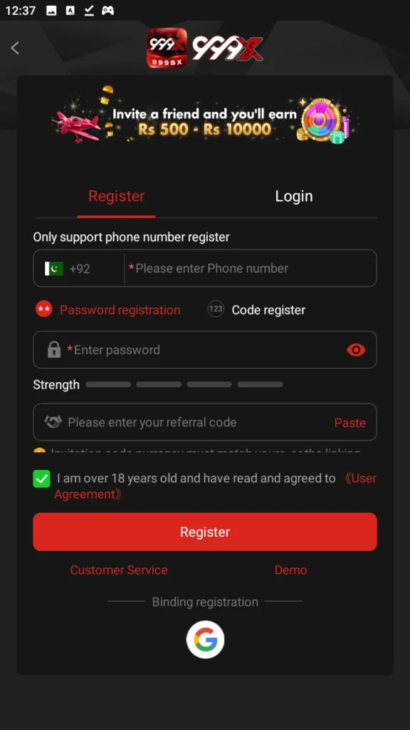 999SX Game registration screen with Pakistani phone number and password fields