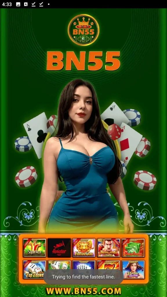 BN55 Game app screen showing the BN55 logo, casino cards, chips, dice, and featured games on a green background