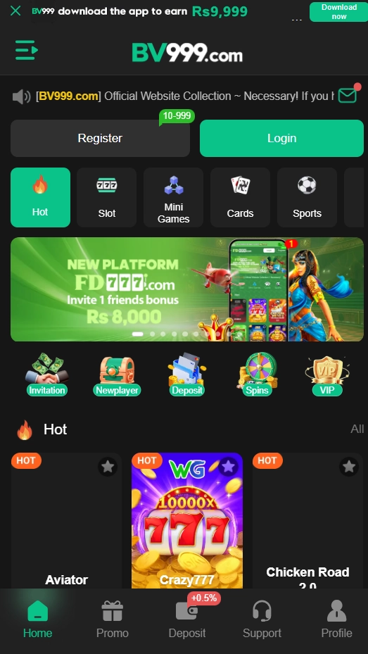 BV999 Game homepage showing game categories, registration, login, deposit, VIP, and popular games