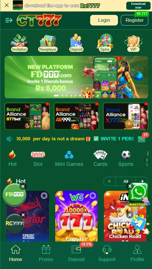 CT777 Game homepage showing games, bonuses, deposit, and VIP options