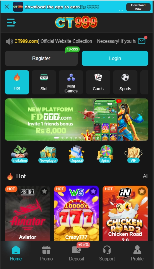 CT999 logo, register and login buttons, game categories, promotional banner, and popular casino games