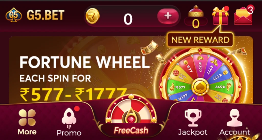 G5Bet Game screen showing Fortune Wheel rewards, FreeCash, promo, jackpot, and account options