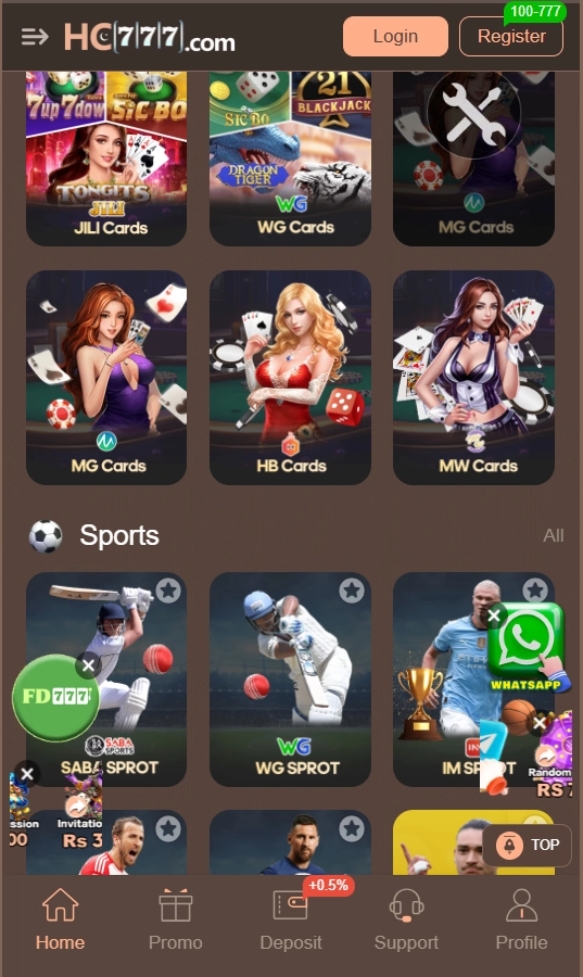 HC777 Game interface showing card games, sports games, login and registration buttons, and bottom navigation