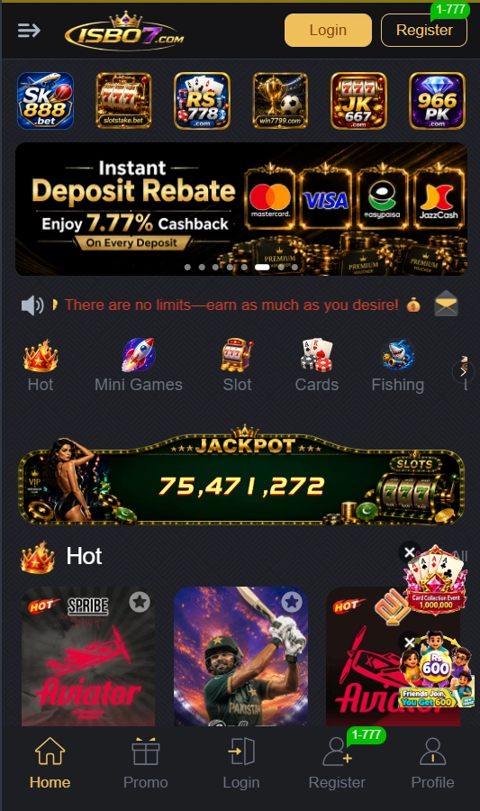 ISB07 Game homepage showing casino games, cashback banner, jackpot section, and Android navigation menu