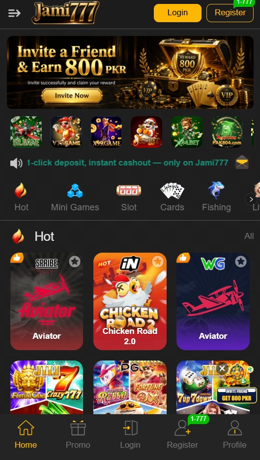 Jami777 main lobby with game categories and player features
