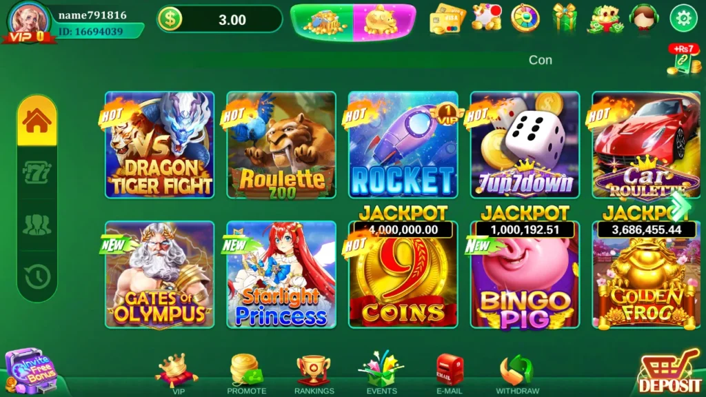 Jeeto Slots Game lobby showing casino games, jackpot prizes, VIP, events, and withdrawal options