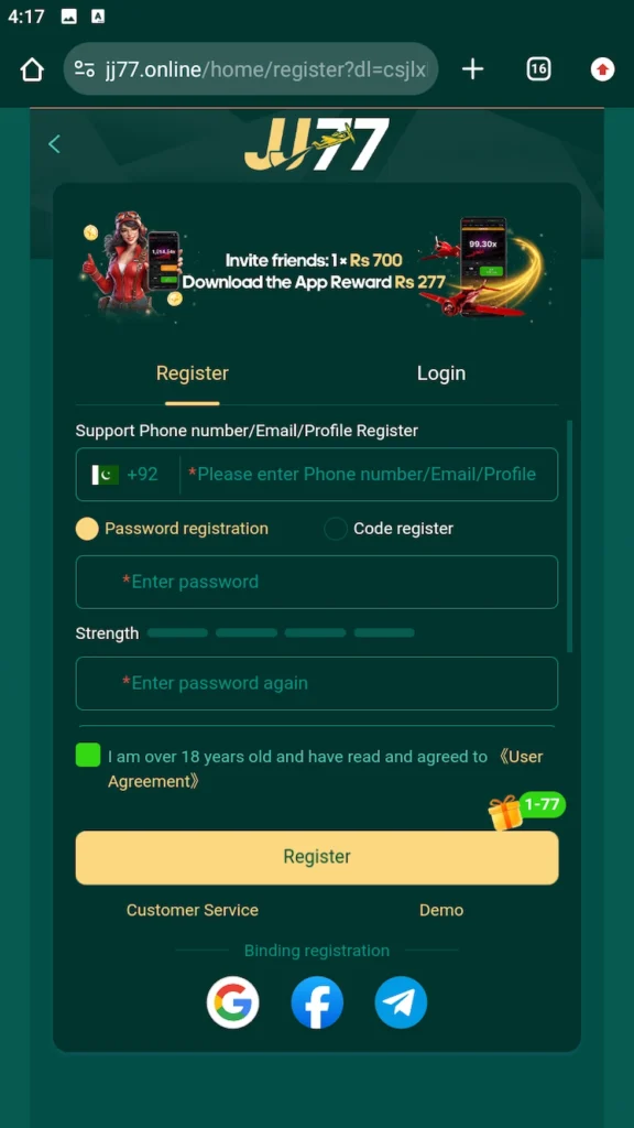 JJ77 Game registration page with phone or email signup, password fields, and Register button