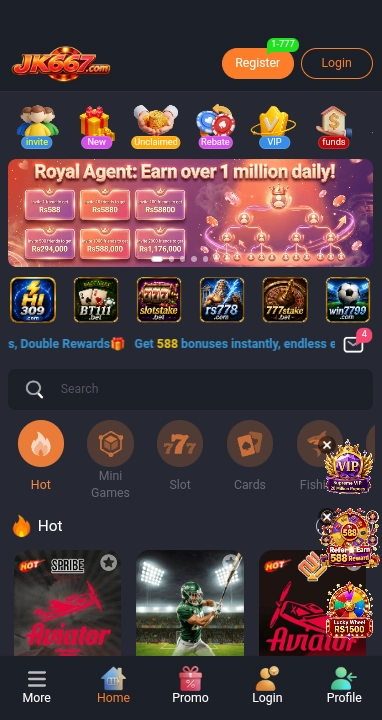 JK667 Game homepage showing bonus promotions, card games, Aviator, VIP rewards, and the main game lobby on Android.