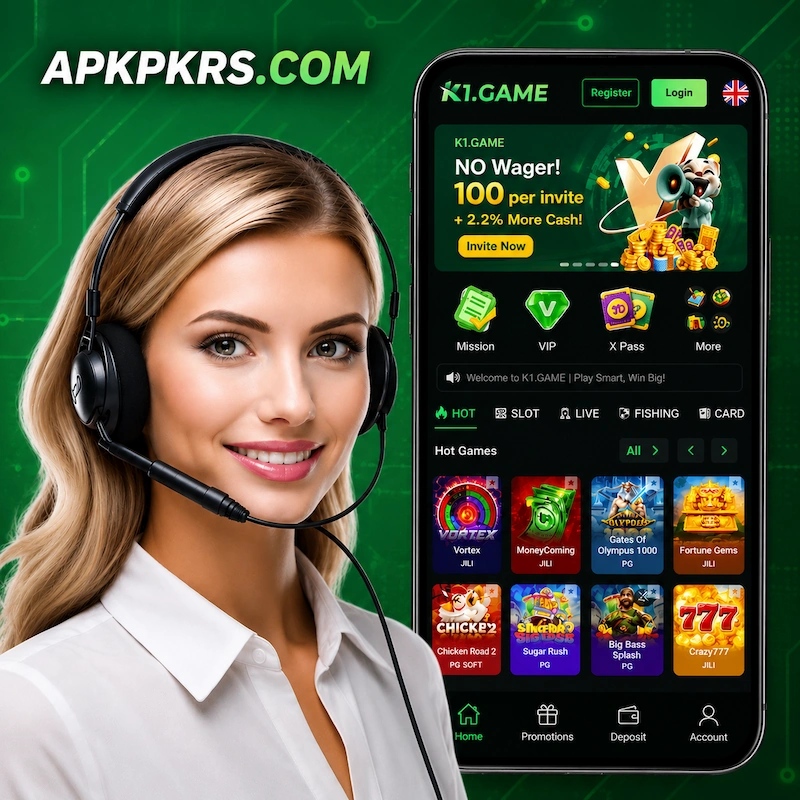 K1 Game home screen with casino games and reward promotions