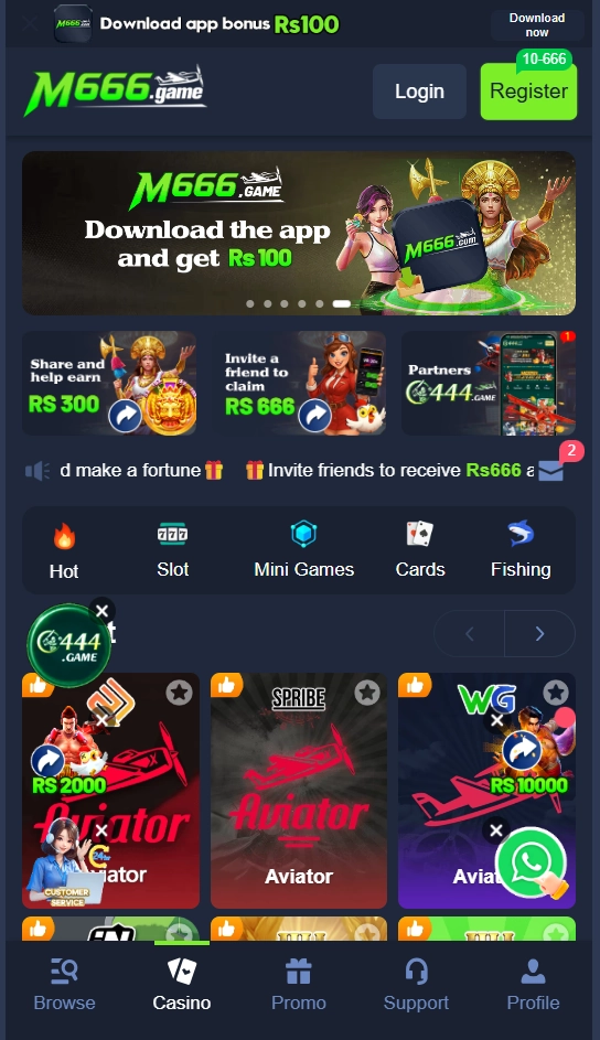 M666 Game app homepage showing login and registration buttons, download bonus banner, game categories, casino games, promotions, and bottom navigation