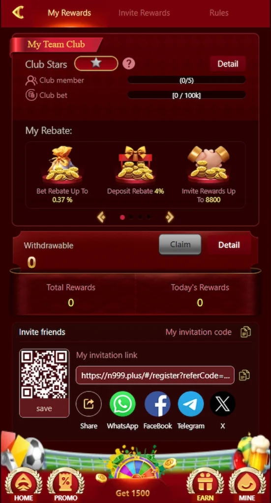 N999 Game rewards center showing referral bonuses, rebate rewards, and invitation program