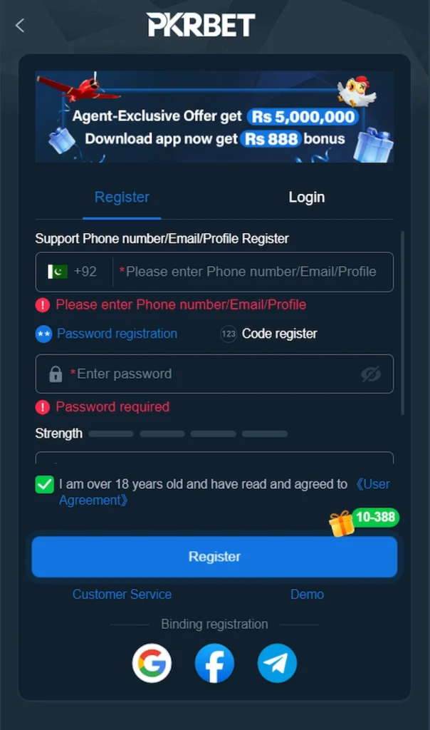 PKRBet Game registration section for new players