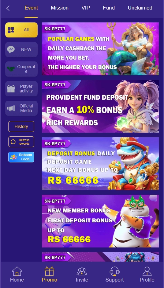SK-EP777 mobile promo screen showing event banners for cashback, deposit bonuses, member rewards, and daily game bonuses