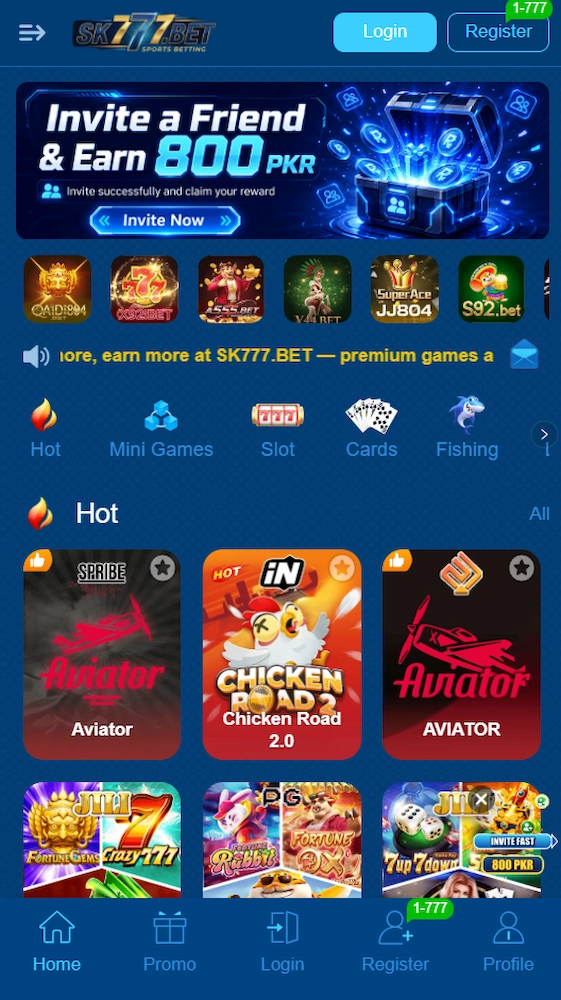 SK77 Game lobby showing casino games, promotions, and registration options