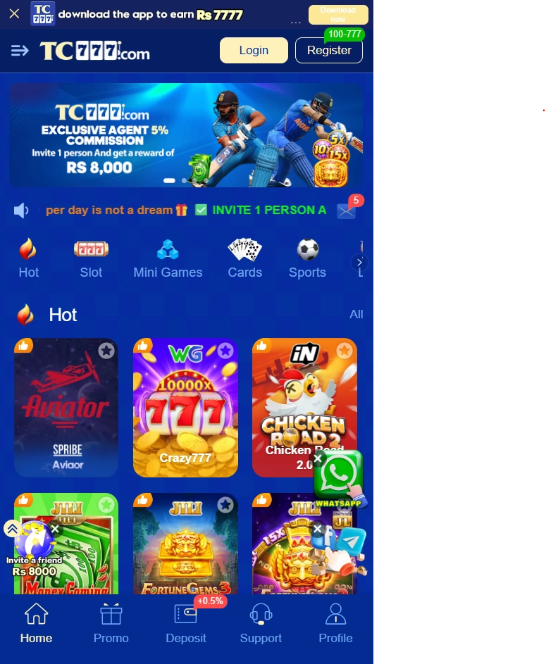 TC777 Game home screen showing casino games, promotions, and login options