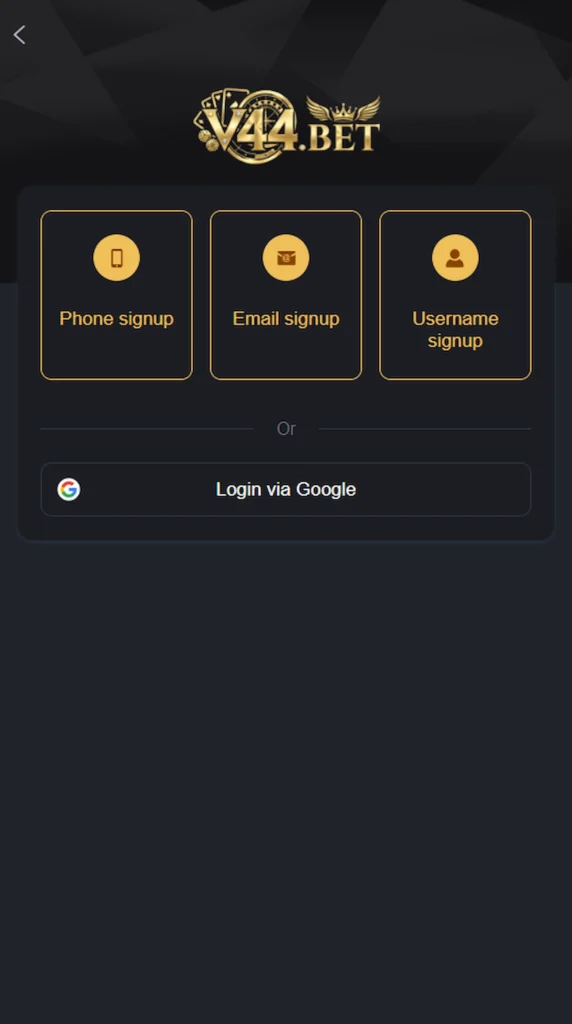 V44.BET registration screen showing phone, email, username, and Google signup options on Android