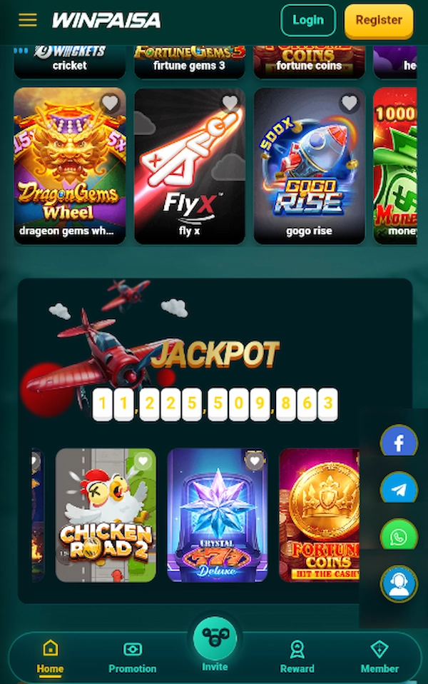 WINPAISA Game lobby showing casino games, jackpot promotion, rewards, and account options