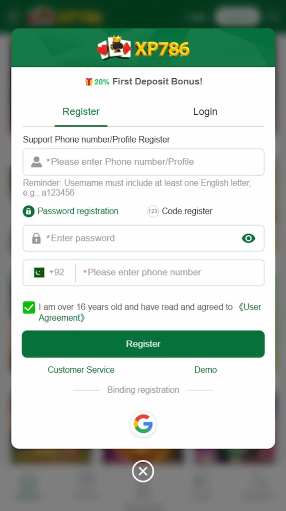 XP786 Game registration screen showing phone number, password, first deposit bonus, and Register button