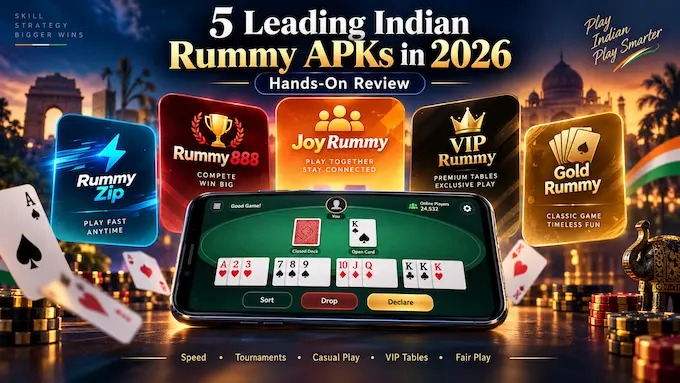 Comparison of five Indian Rummy APKs in 2026, featuring Rummy Zip, Rummy888, Joy Rummy, VIP Rummy, and Gold Rummy alongside a mobile Rummy card game.